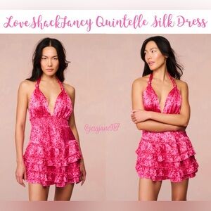 LoveShackFancy Quintelle Silk Bow-Printed Halter Mini Dress